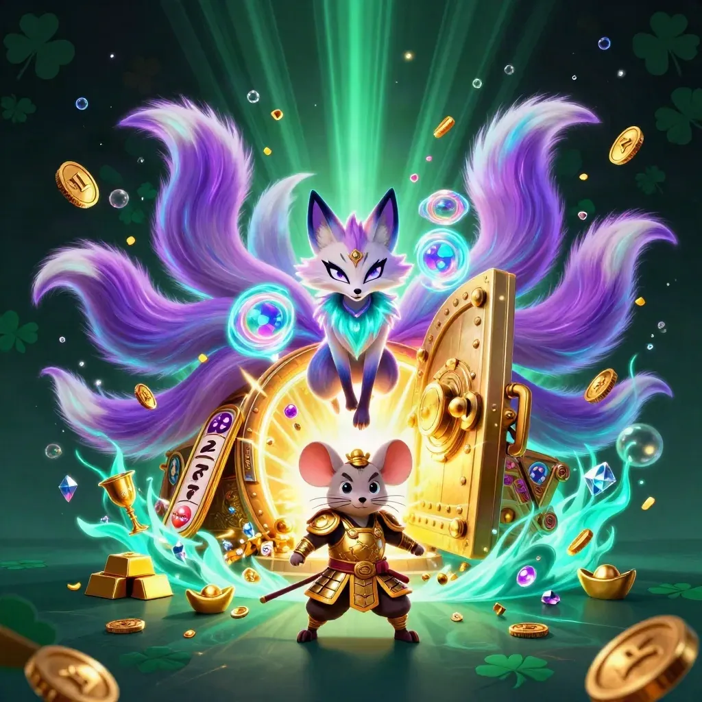 Fox spirit and armored mouse burst from a golden vault amid gems and neon casino glow.