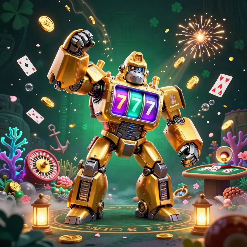 Golden gorilla mech, monkey pilot, coin blast, underwater treasure cove, neon casino glow.