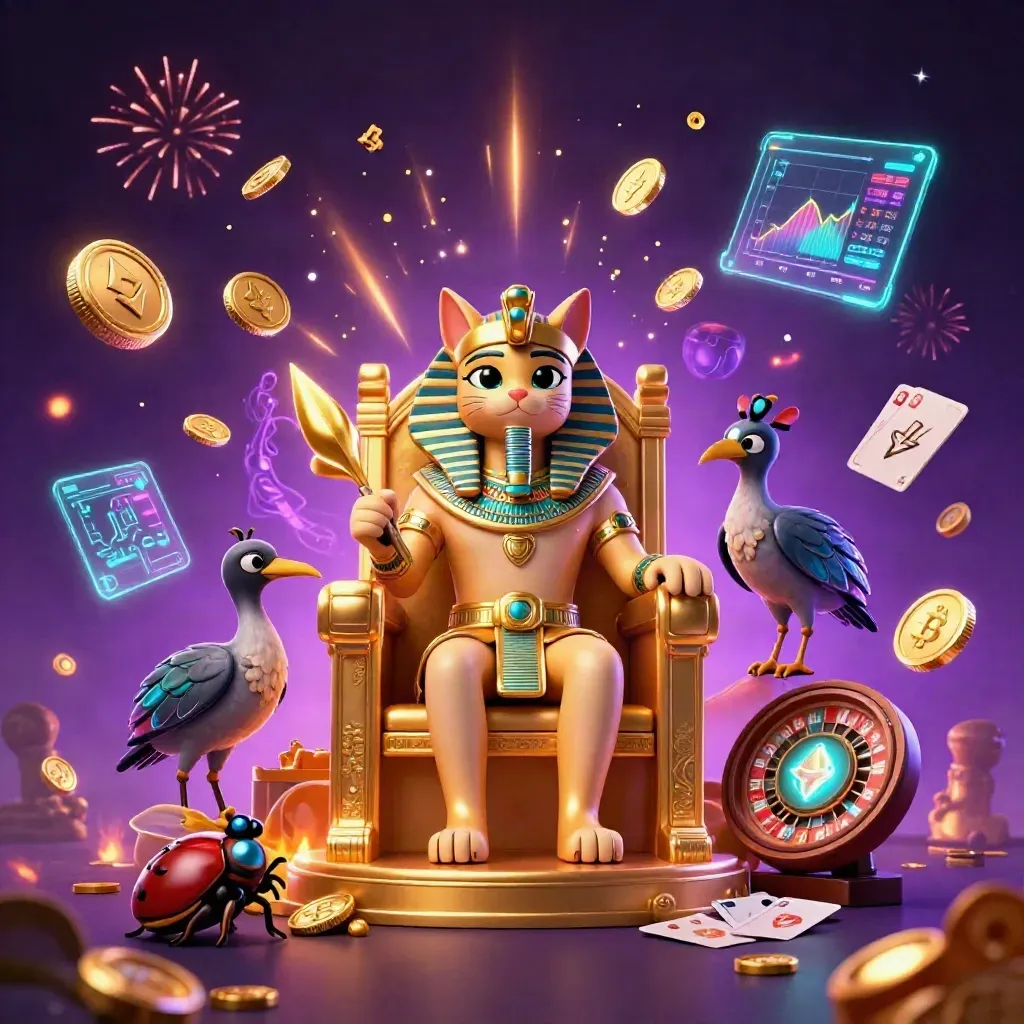 Pharaoh cat, ibis scribe and scarabs amid coins, casino lights and neon crypto effects