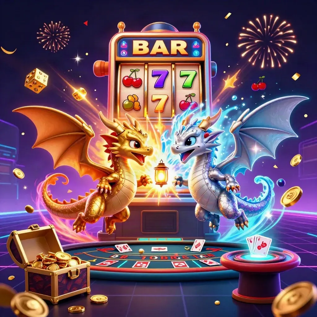 Gold and silver dragons swirl around a bursting slot machine in a neon casino scene.
