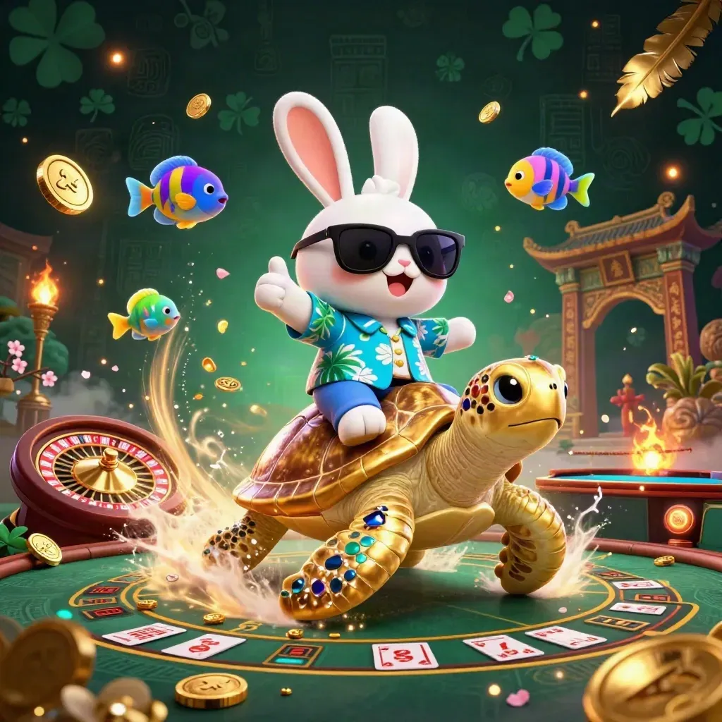 Lucky rabbit rides a gold turtle amid coins, fireworks, temple gate, and neon casino glow.
