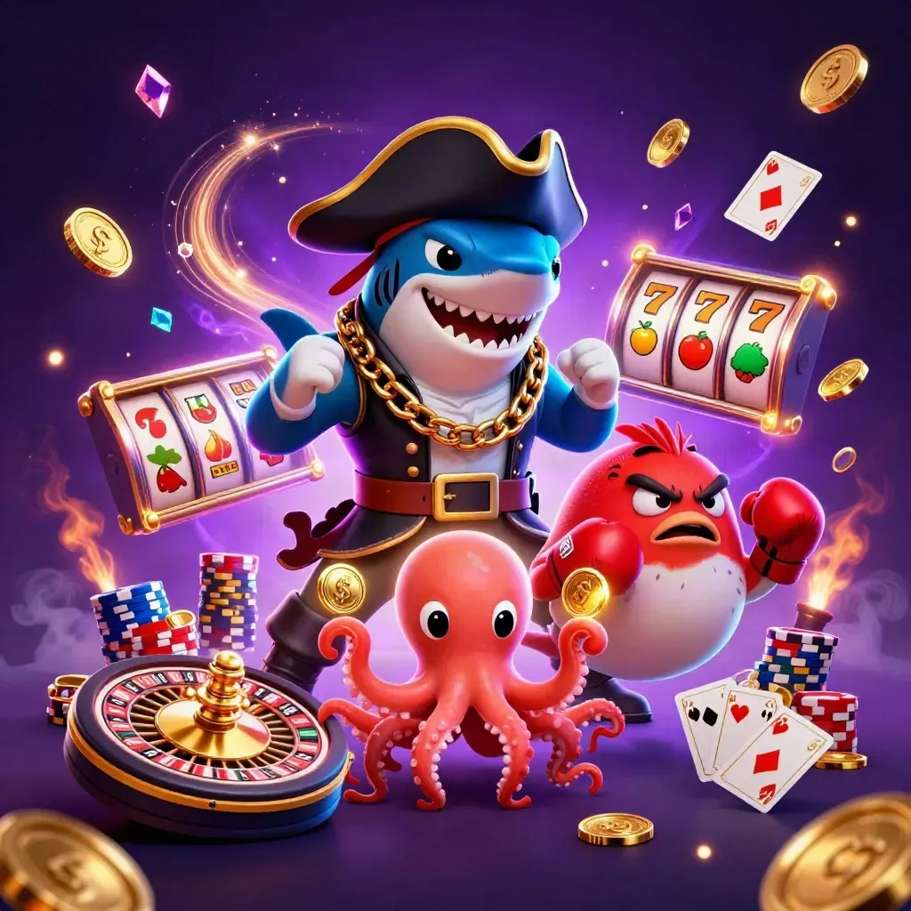 Pirate shark, boxing pufferfish and coin-juggling octopus amid casino reels and glowing chips
