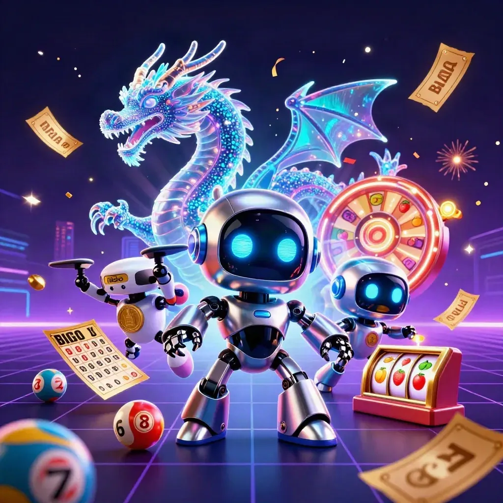 Chrome robot, holographic dragon, and coin drone amid casino bursts and neon energy