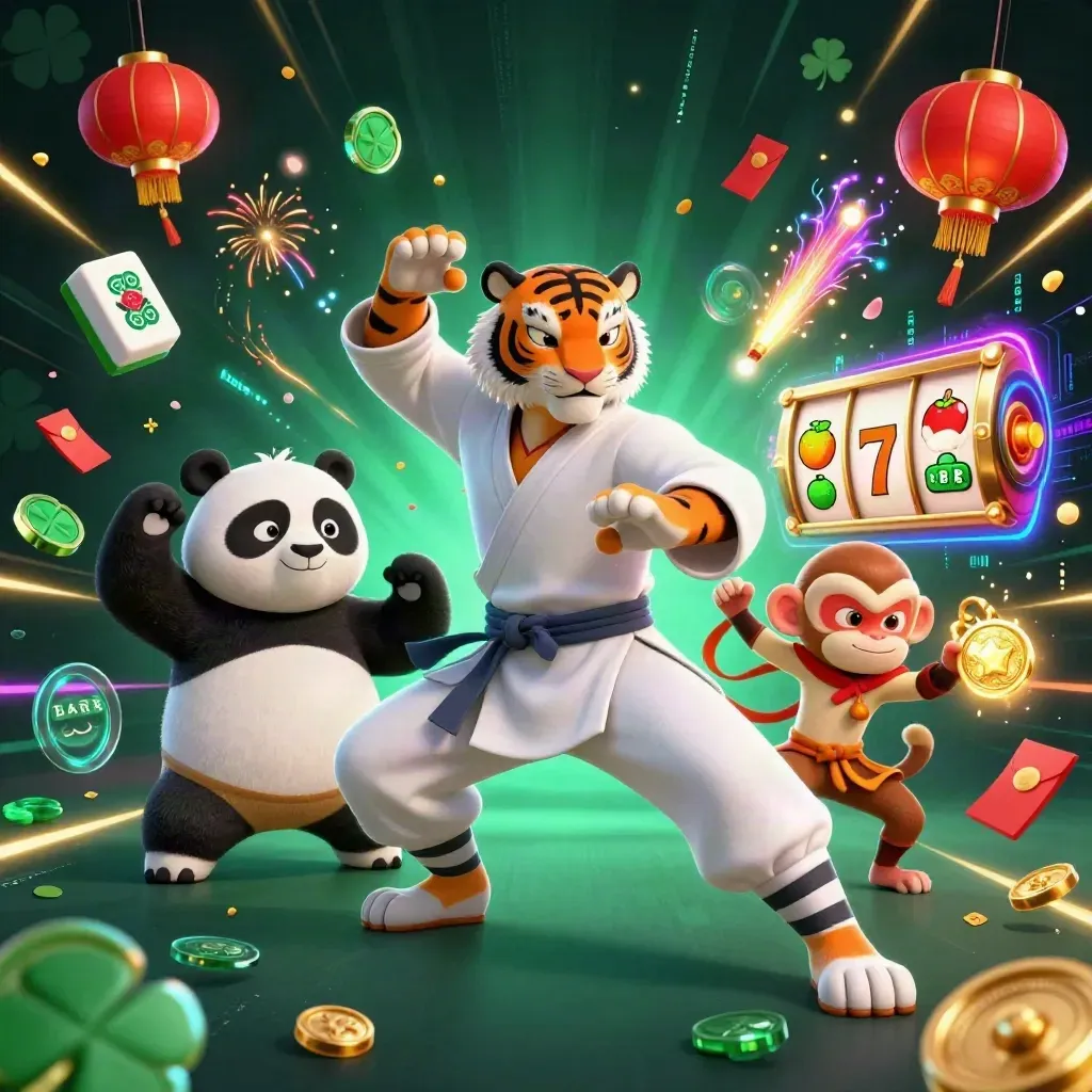 Tiger master, panda disciple, and monkey thief amid casino relics, neon effects, and jade coins