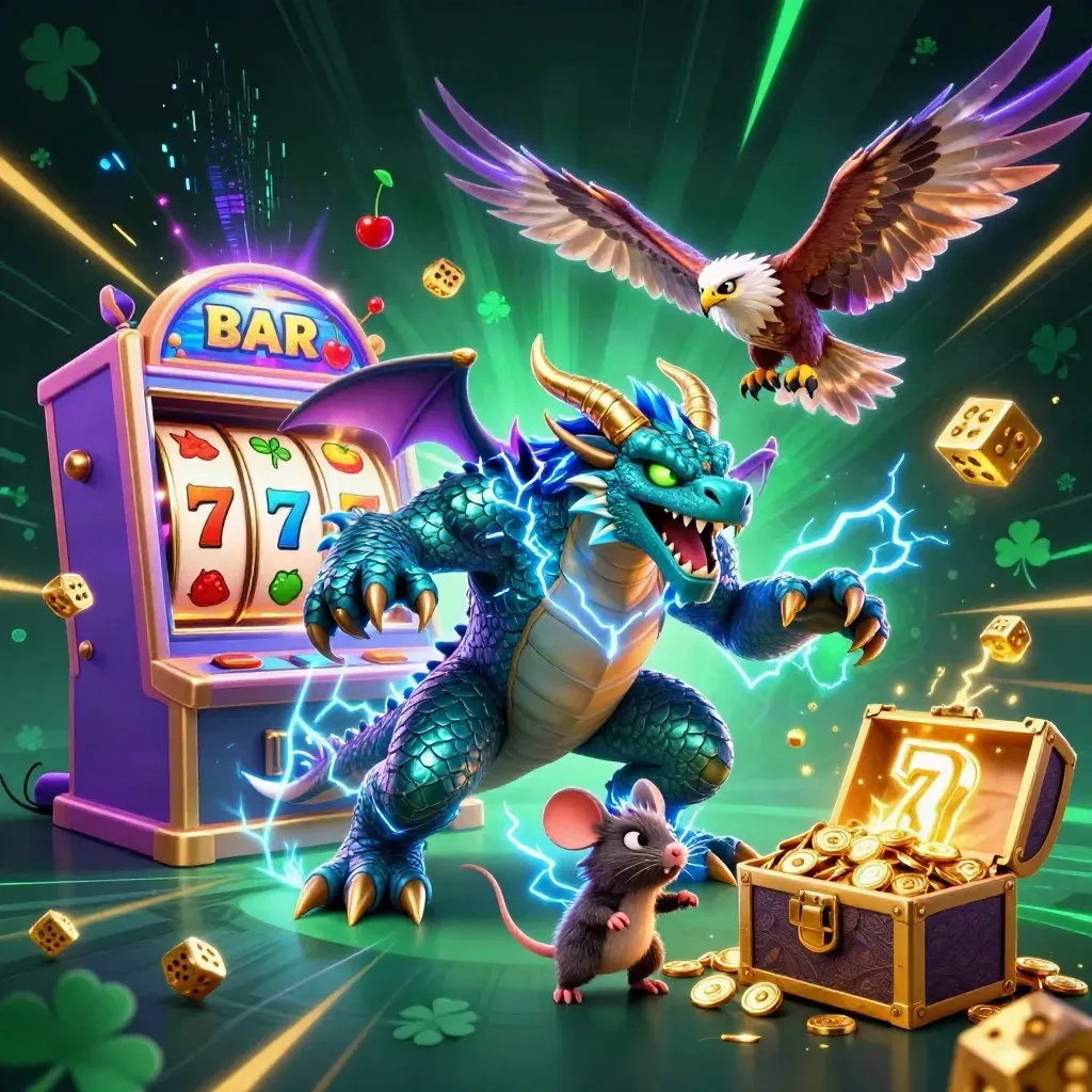 Thunder dragon, hawk and static mouse amid exploding slot reels, dice, gold and neon casino glow.