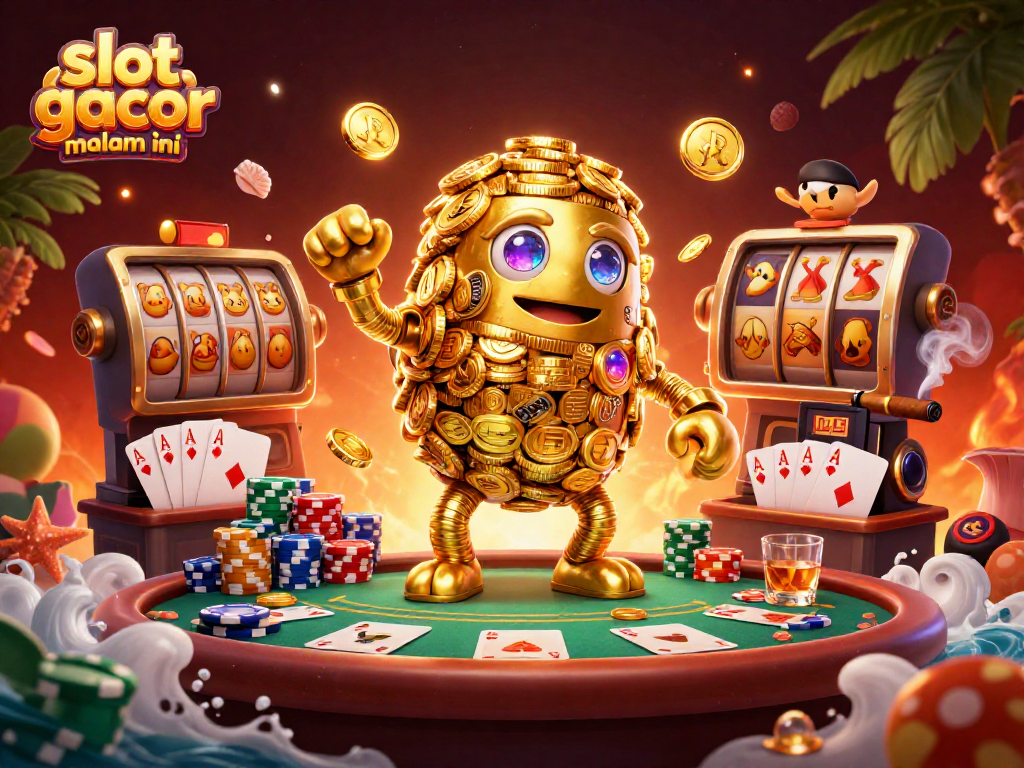 Bermain slot gacor malam ini dengan golem emas dan chip poker di latar yang cerah.