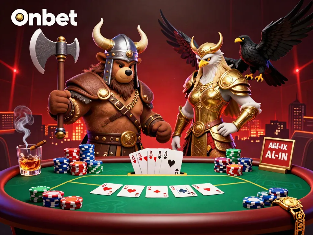 Onbet Viking bear and Valkyrie eagle engaging in an exciting poker game with vibrant casino elements.