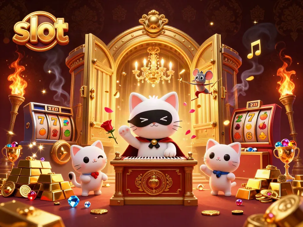 Menggandakan slot dengan kucing putih berkepala topeng di organ piano kasino.