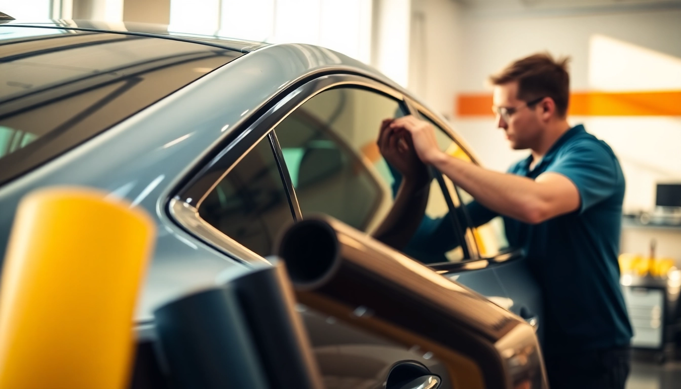 Window tint near me: Expert applying high-quality tint on car windows in a bright garage.