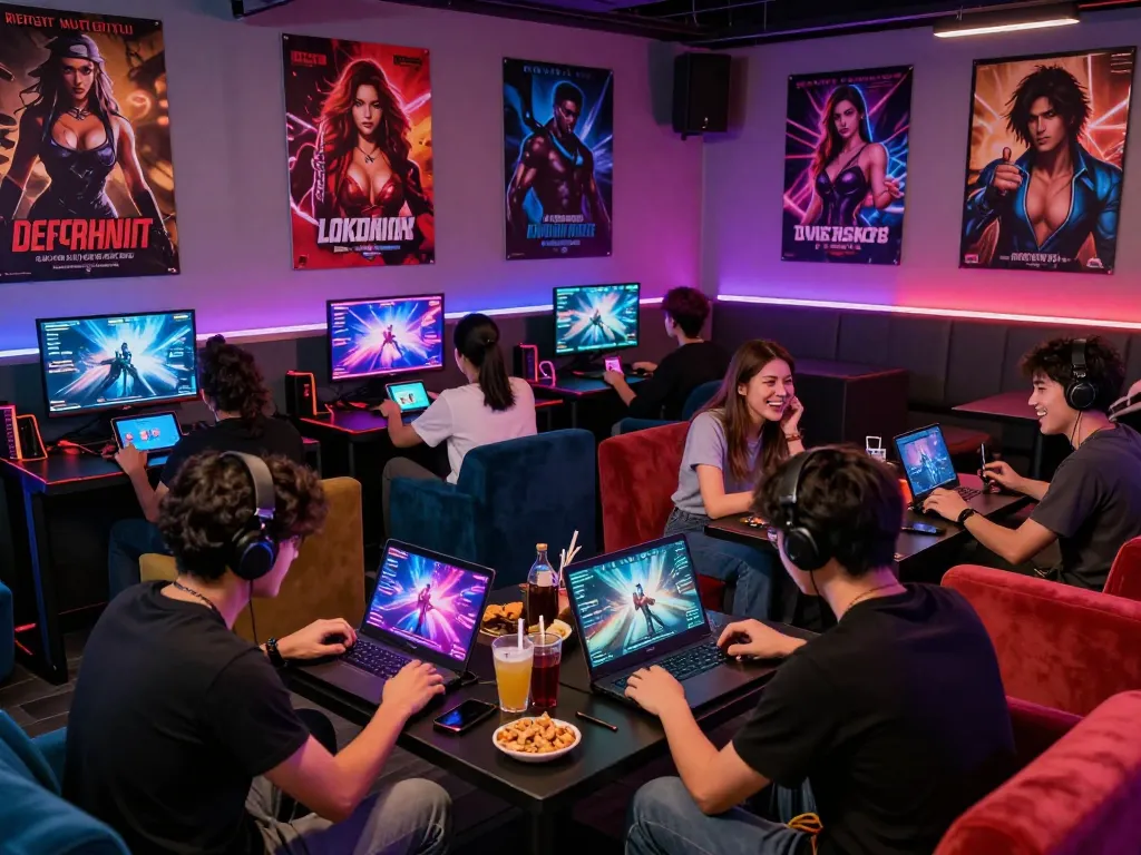 Engaged players enjoying immersive sex games on various devices in a vibrant gaming lounge.