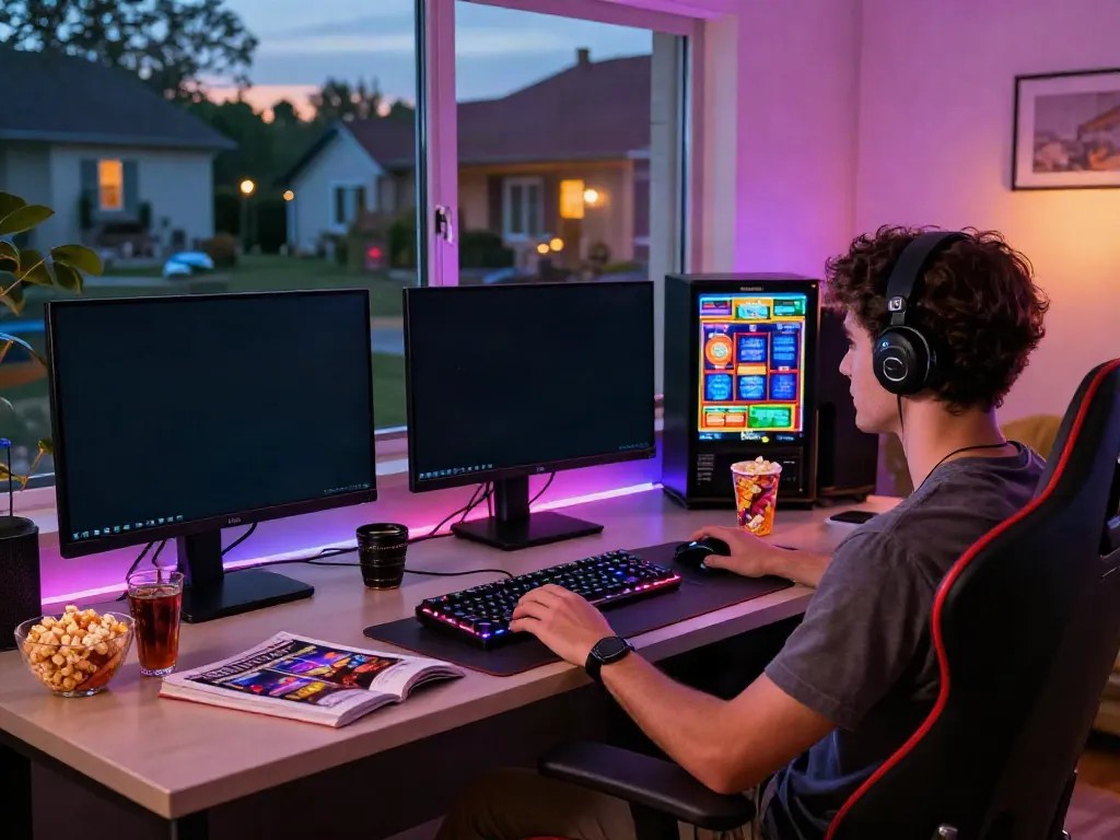 Akunjp online gambling setup showcasing vibrant gaming screens, snacks, and cozy ambiance.