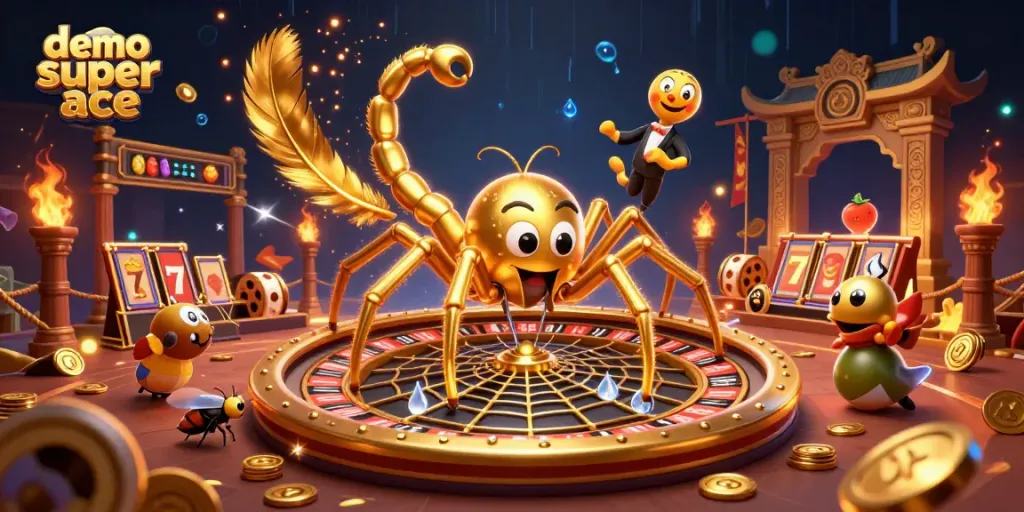 Engage in demo super ace excitement with a golden spider, roulette wheel, and vibrant casino elements.