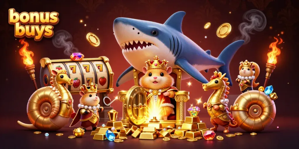 Experience the thrill of bonus buys with a cartoon hamster king on a megalodon throne amid treasure-filled slots.