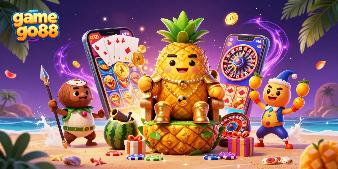 Experience the excitement of game go88 with vibrant casino elements, king, jester, and tropical themes.