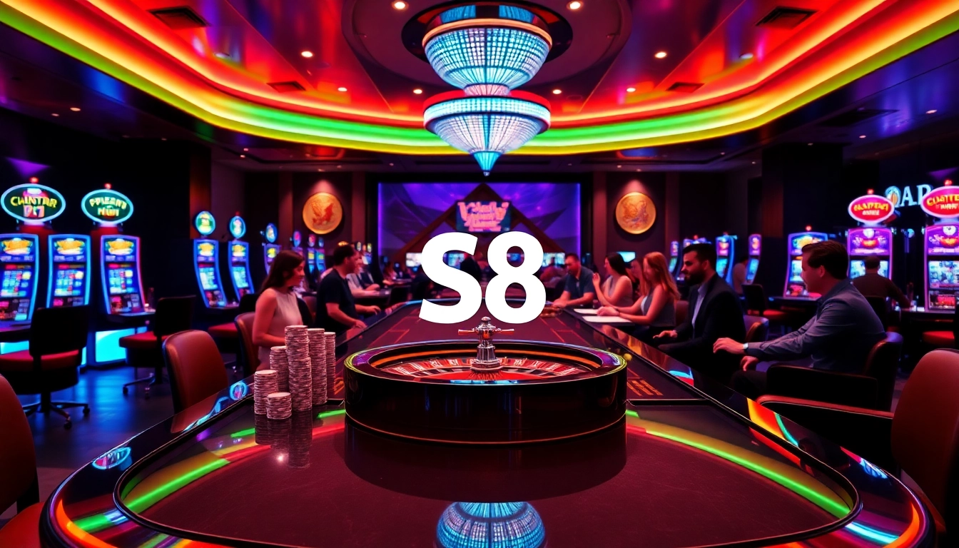 Experience S8 excitement at a luxurious casino table with diverse players and vibrant slot machines.