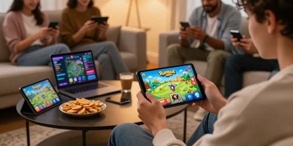 Player enjoying the Rumble Rummy app on a smartphone in a vibrant gaming atmosphere.