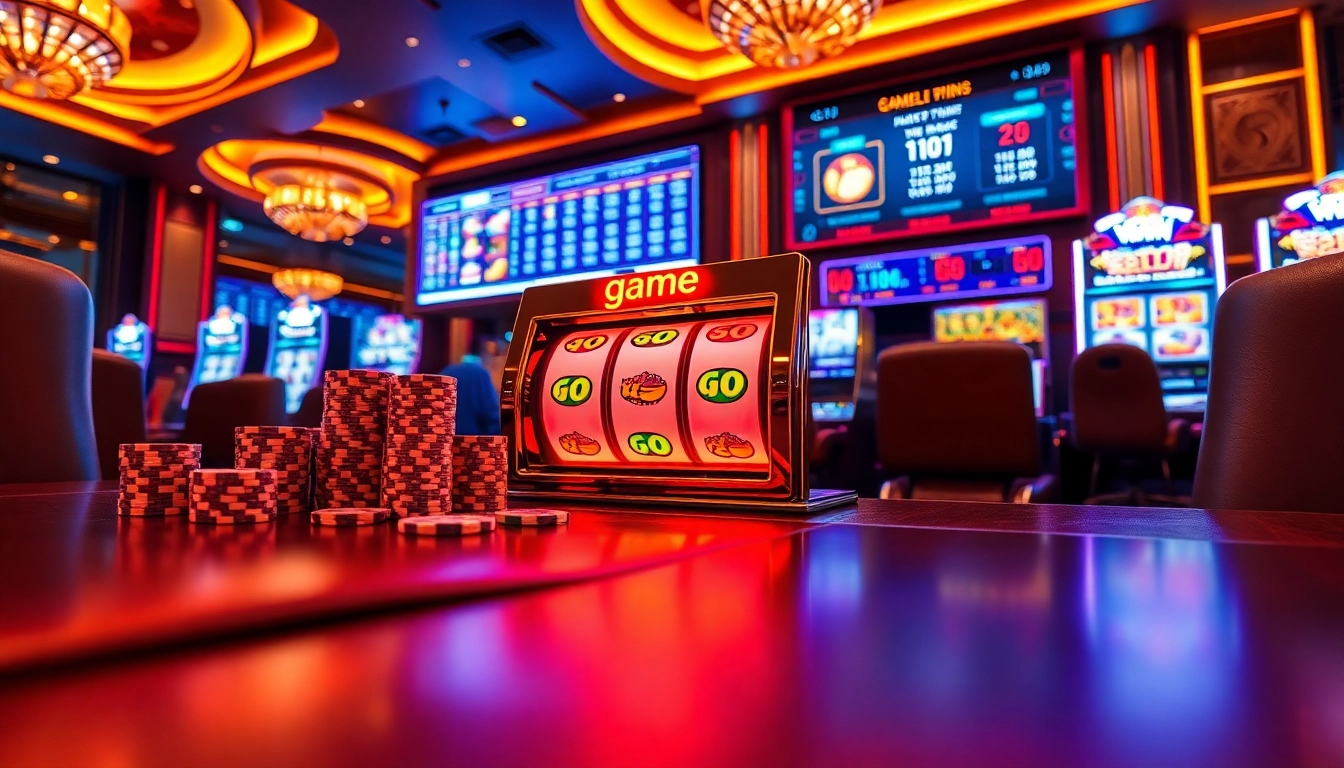 Player spinning game nổ hũ slot machine with glowing reels and stacked poker chips in a premium casino setting