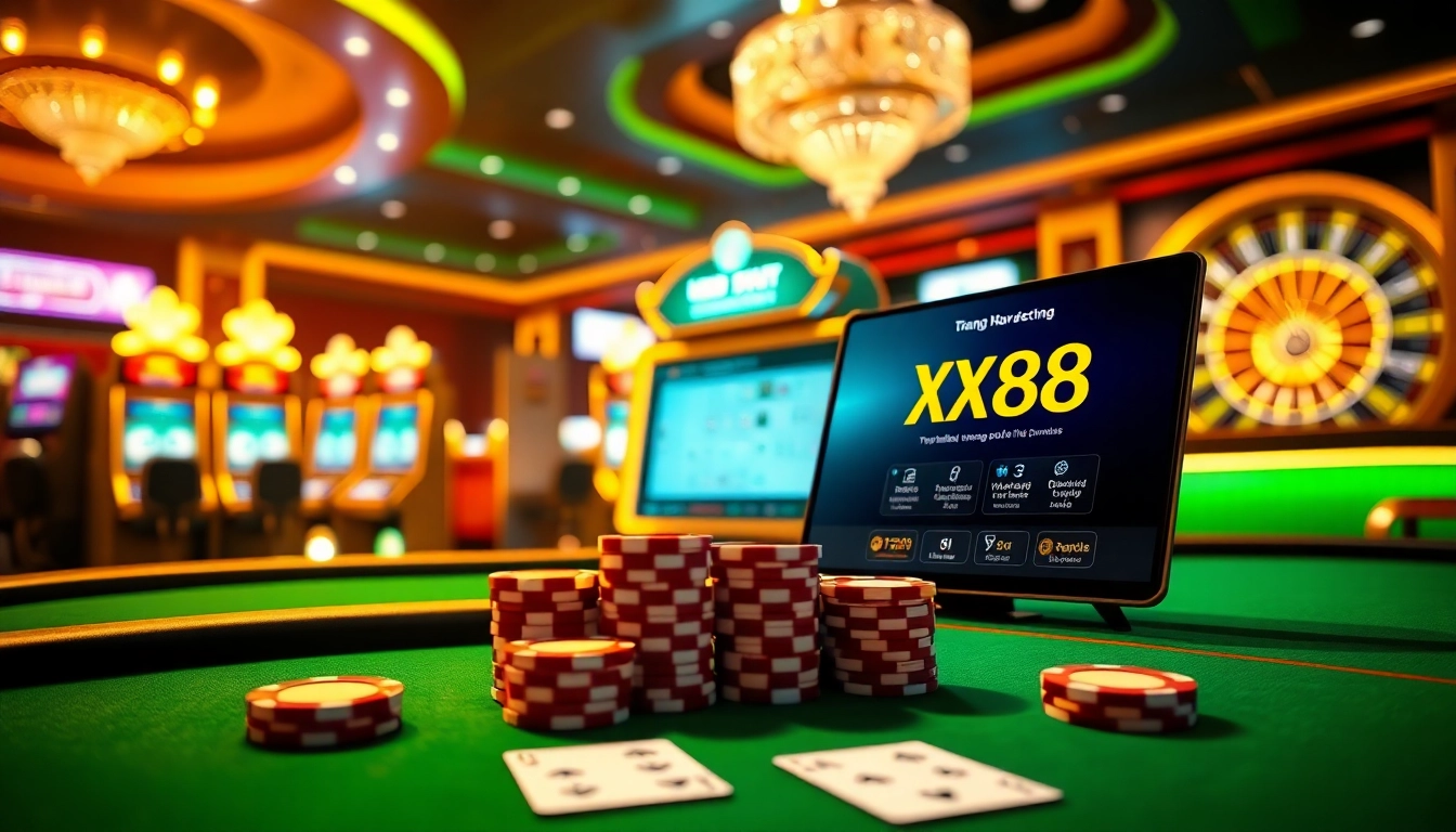 Experience the excitement of trang chủ xx88 with vibrant casino visuals featuring poker tables and slot machines.