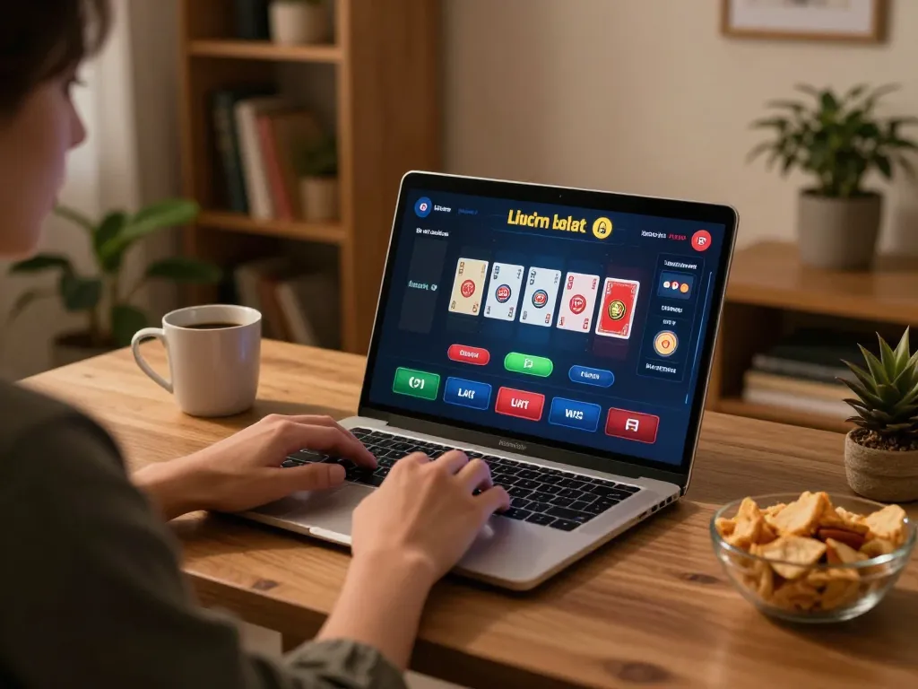 MMOO player engaged in exciting online casino game strategy session at home.