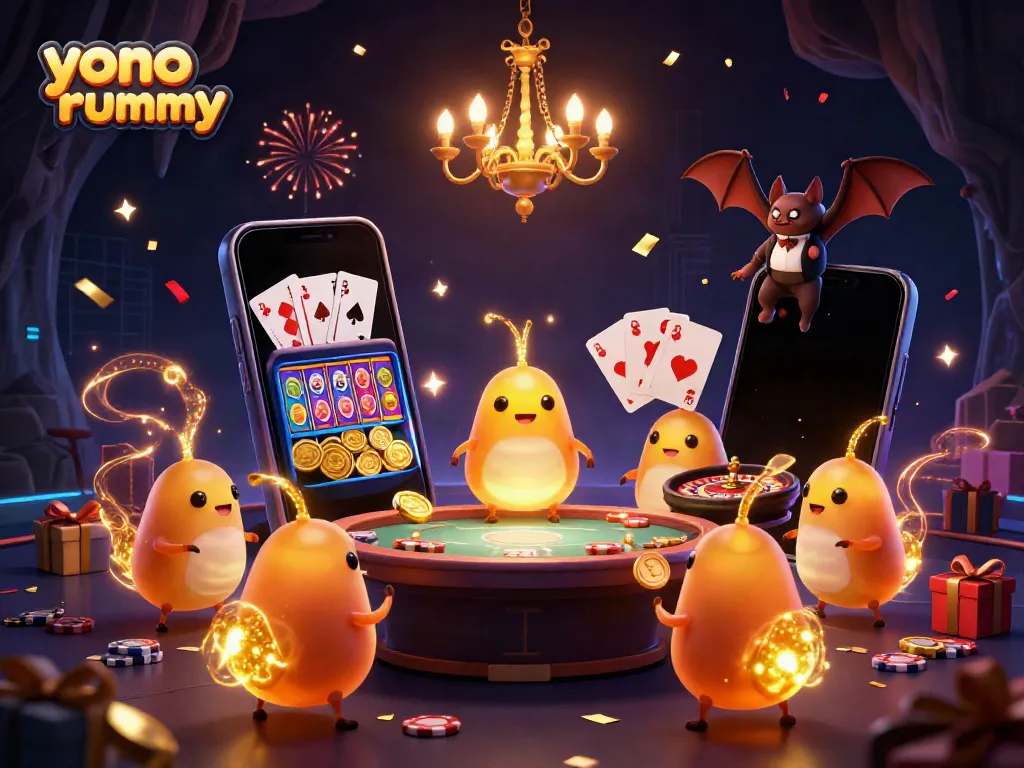 Bermain yono rummy dengan karakter kunang-kunang dan dealer kelelawar dalam kasino yang menyala.