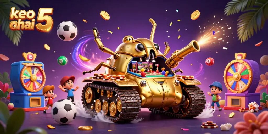 Engage with keo nha cai 5 as colorful sports balls and lively betting elements animate around a golden beetle tank.
