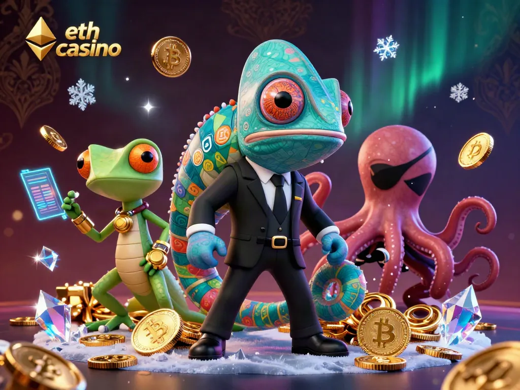 Experience the thrill of the eth casino with animated agents amid glittering crypto treasures.