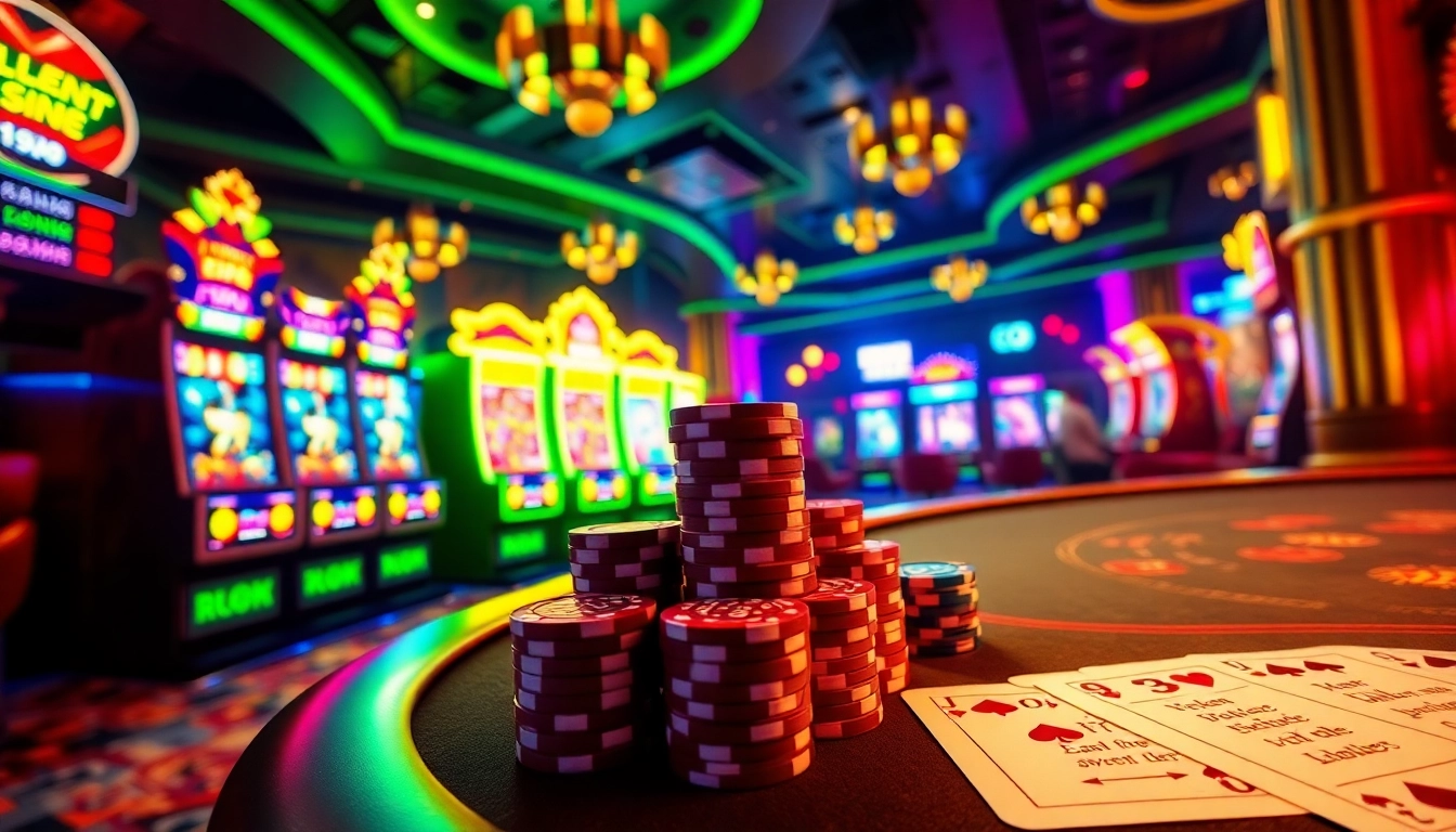 Engage with the thrilling world of LEGO138 daftar through this vibrant online casino scene filled with slot machines, cards, and poker chips.