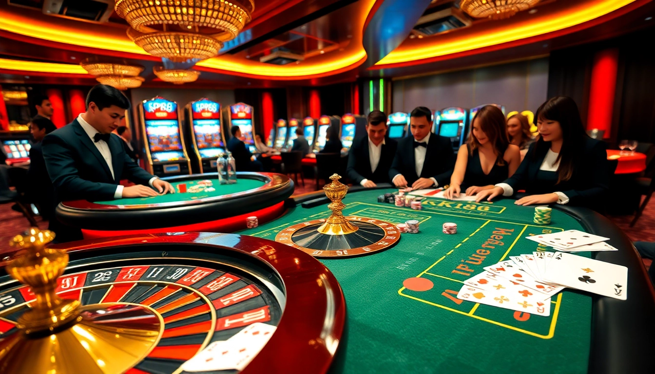Players enjoying KP88-themed casino games with vibrant tables and professional dealers.