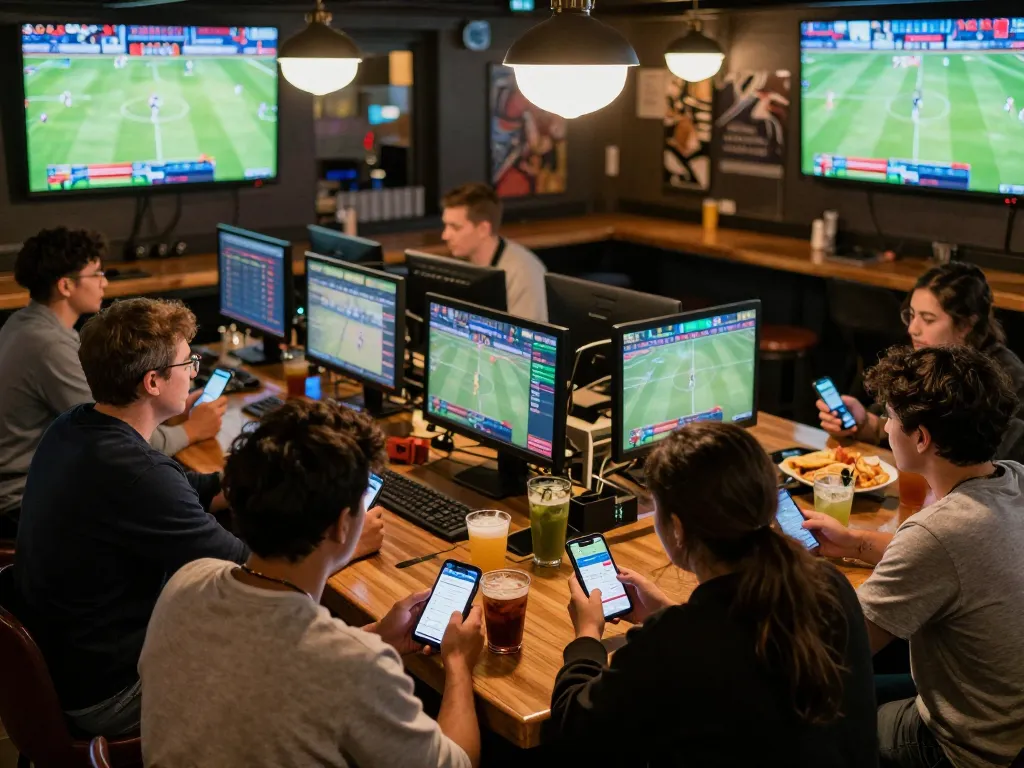 Engaged patrons using betting apps at a lively sports bar, highlighting nhà cái uy tín Tg88.