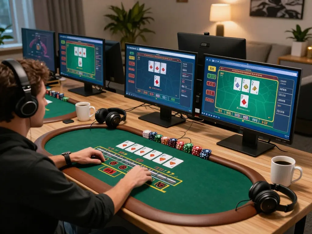 Engaging in goal 123 live dealer blackjack gameplay at home, showcasing a modern gaming setup.