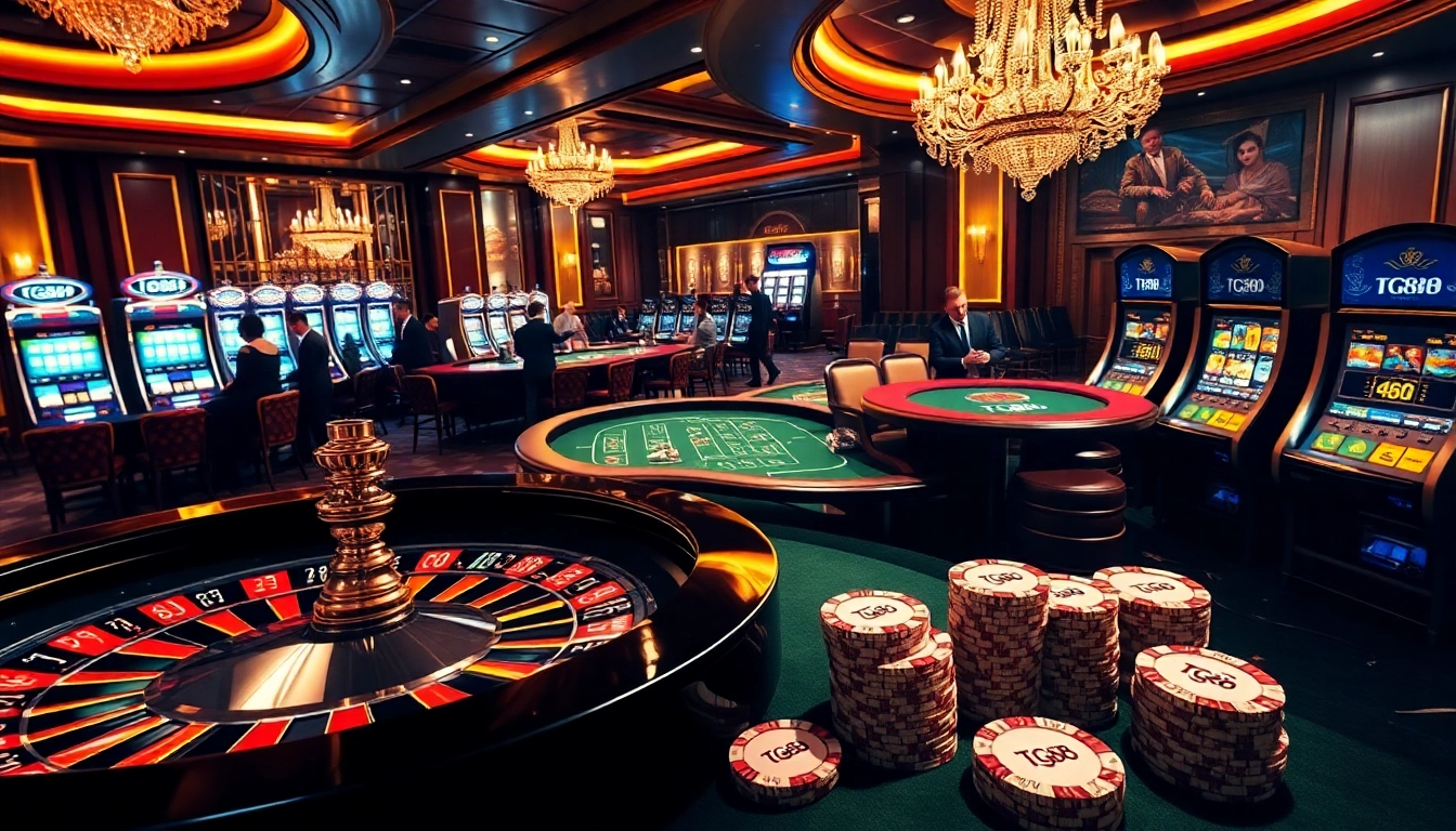 Experience high-stakes excitement at TG88, featuring brightly lit slot machines and poker chips.