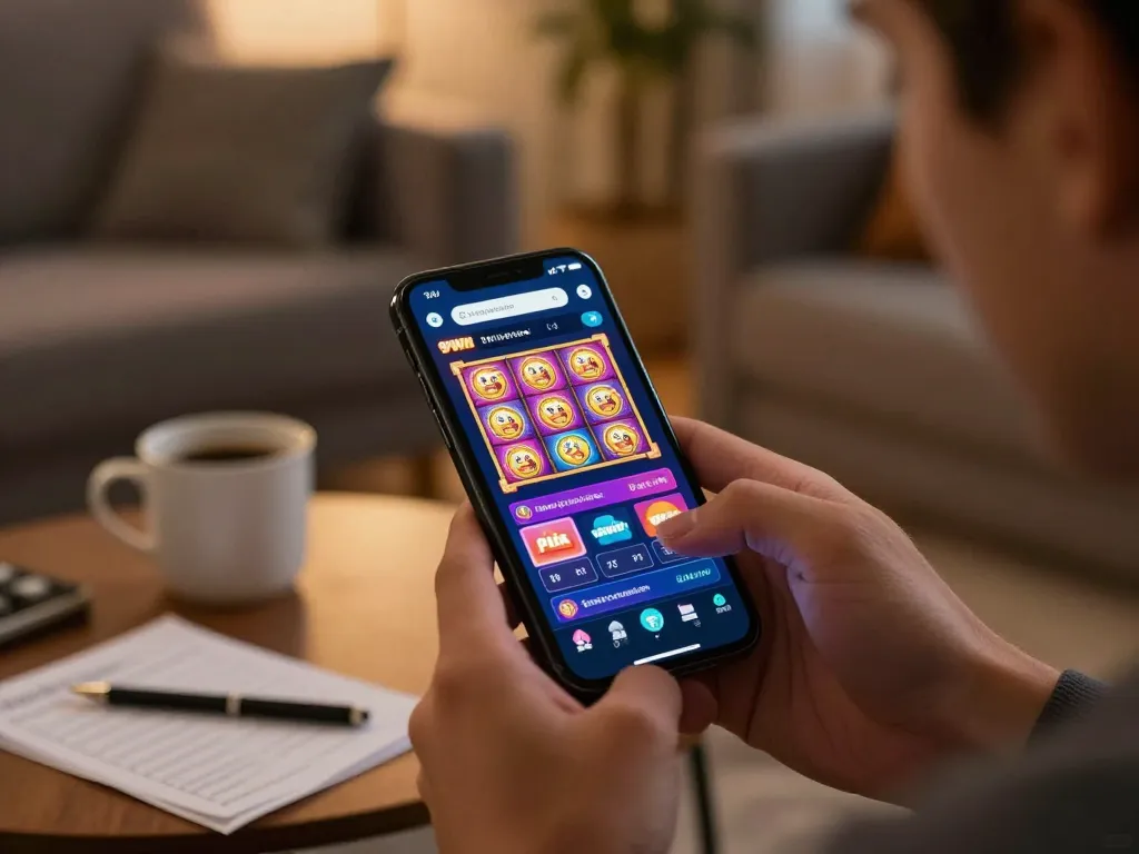 Player enjoying 99Win casino app on smartphone in cozy home setting, highlighting engaging online gaming experience