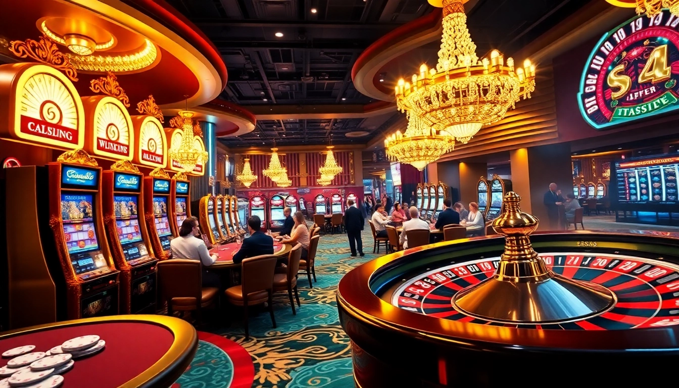 A thrilling casino scene featuring 13Win with players at vibrant poker tables and slot machines.