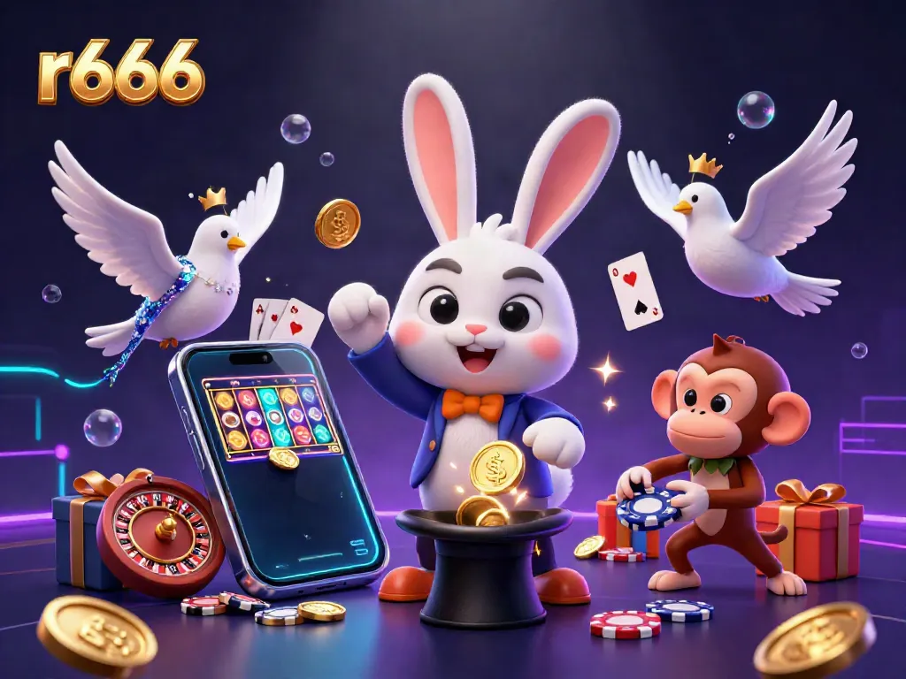 Engage with r666's vibrant casino scene featuring a magician rabbit, dove and monkey amidst golden coins and gaming delights.