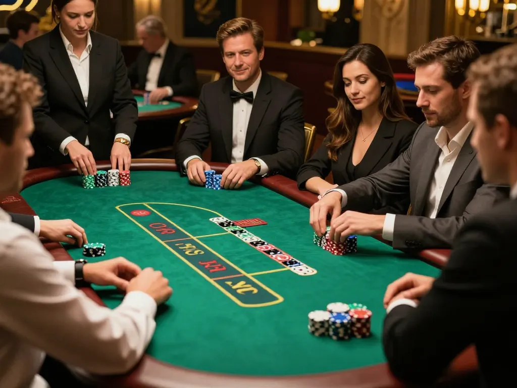 rr88 players deciding their bets at an elegant blackjack table in a vibrant casino atmosphere