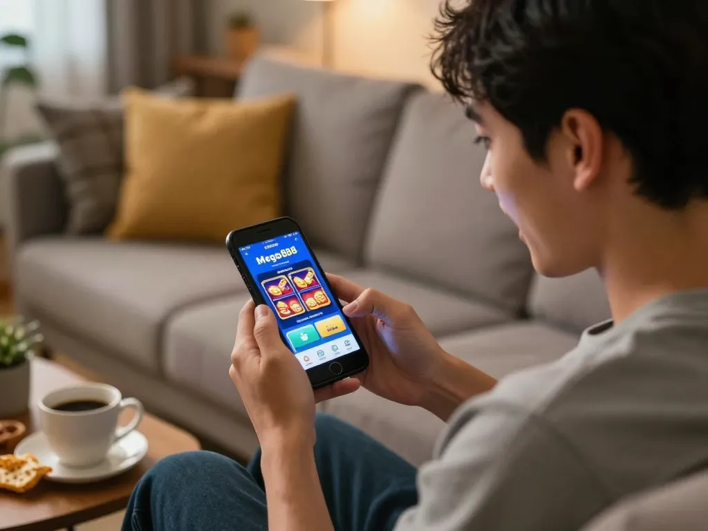 Engaged player downloading Mega888 app on smartphone in a cozy home setting, capturing the thrill of online casino gaming.