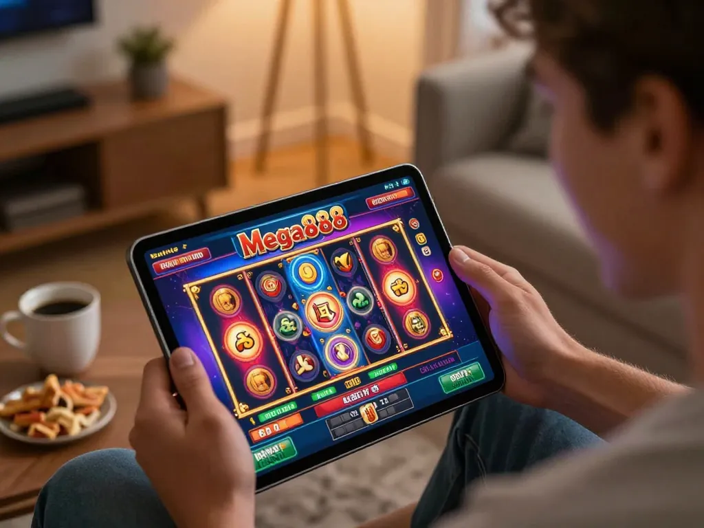 IIPA Special 301 focusing on vibrant mobile gaming experiences with the Mega888 app in a cozy home.