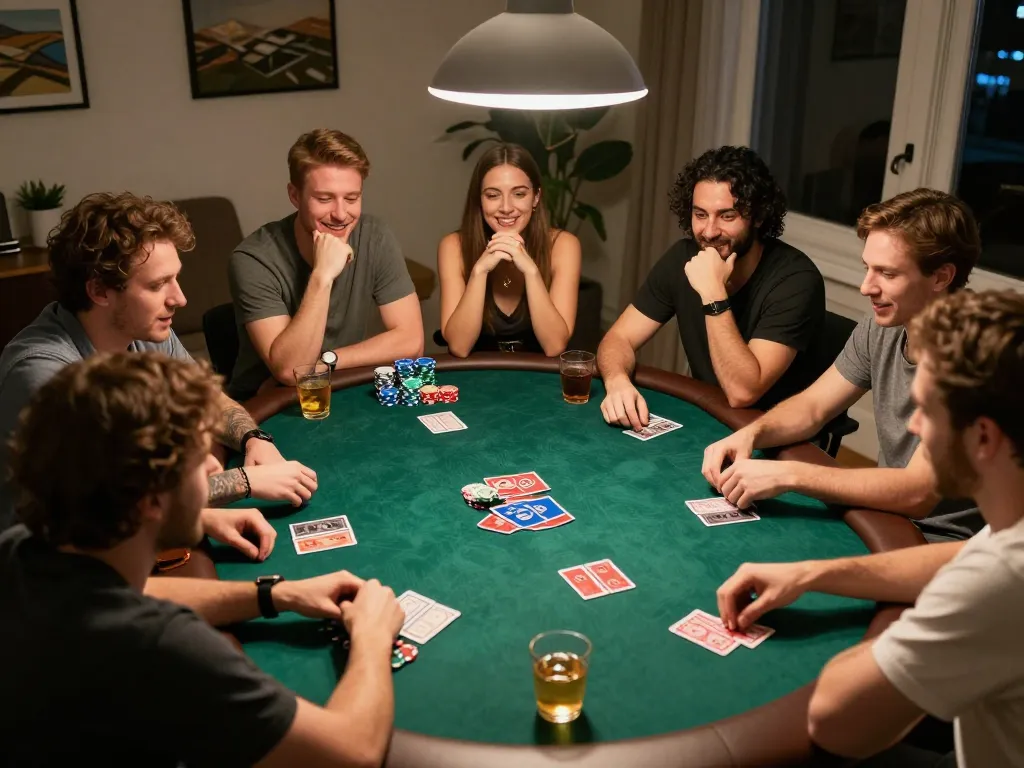 Friends enjoying a thrilling poker night at home, playing at AU88 with chips and cards.
