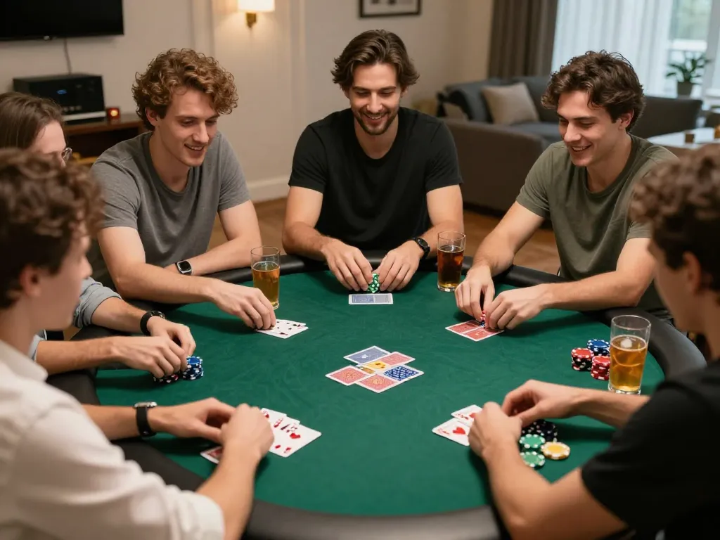 Players enjoying a home poker game on Jeetbuzz, showcasing cards and chips in a lively setting.
