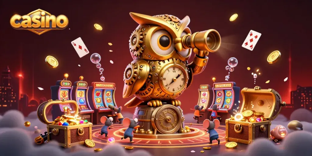 Experience the allure of a bustling casino with a golden owl observing tiny patrons enjoying slot machines.