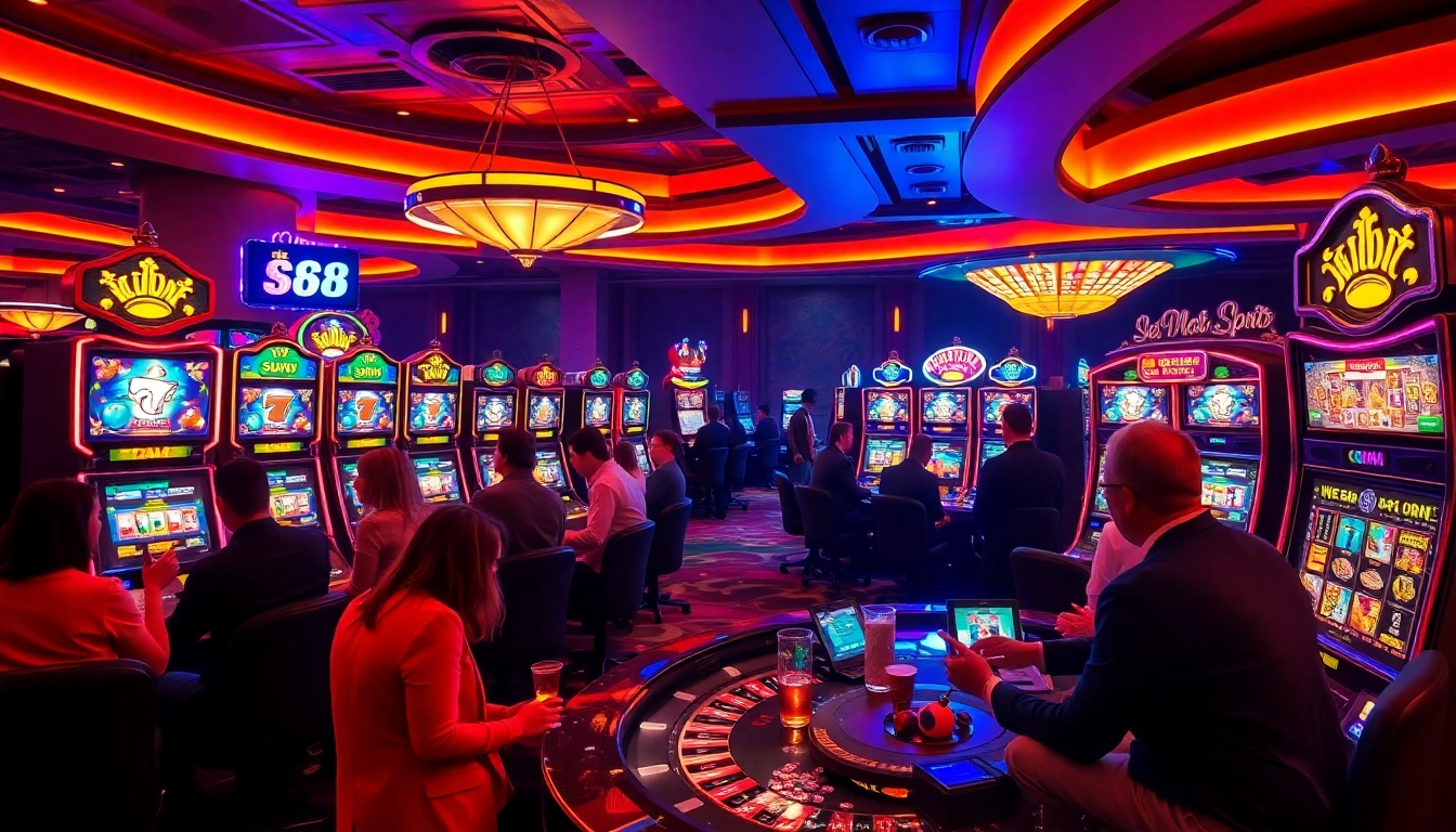 Excited players enjoying slot88 machines in a vibrant casino atmosphere.