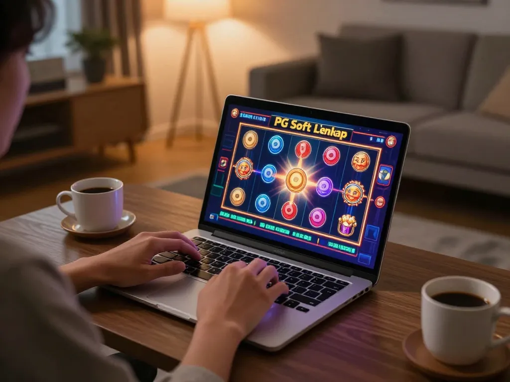 Gameplay menarik dari Slot Demo PG Soft Lengkap di laptop dalam suasana rumah yang nyaman, menampilkan grafis slot yang berwarna-warni