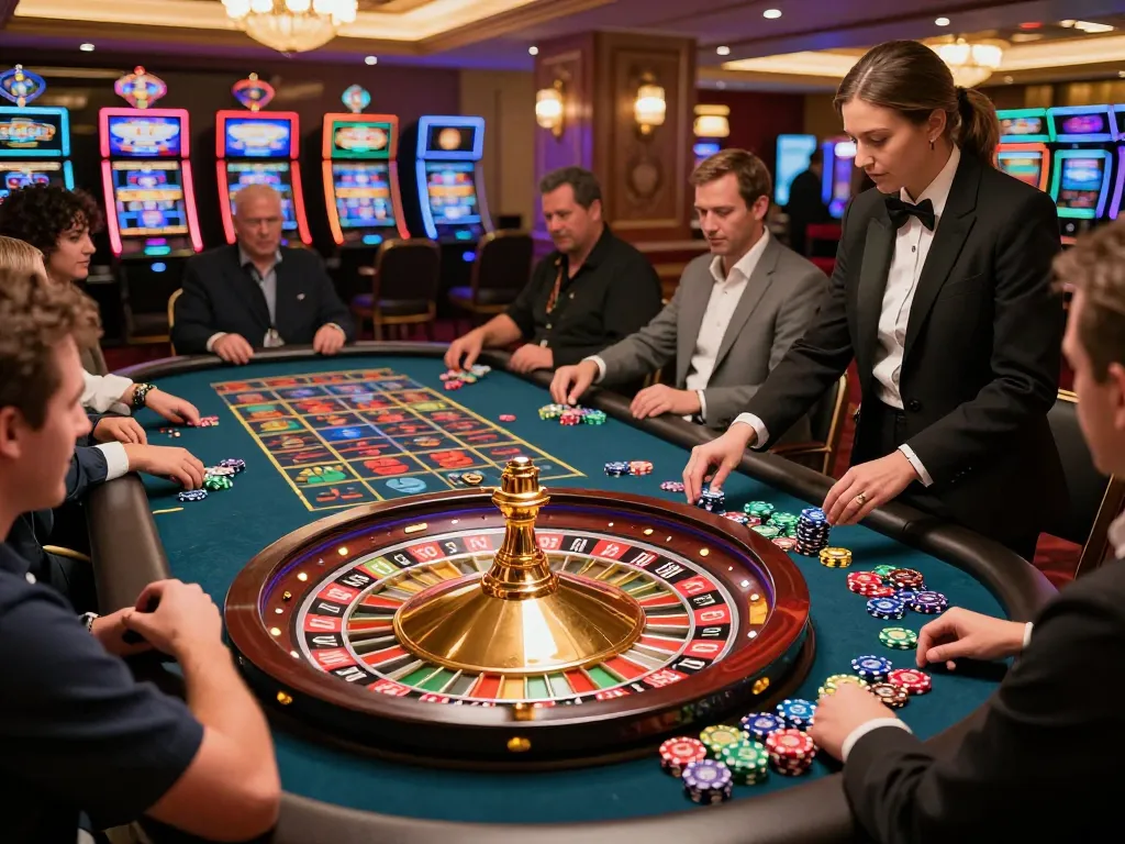 Players engaging in a thrilling roulette game at MM88 casino with colorful chips and ambient lighting.