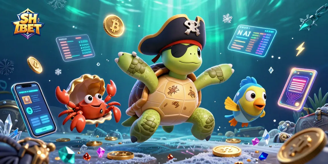 Engage with SH BET's underwater casino adventure featuring a cartoon turtle and treasures.