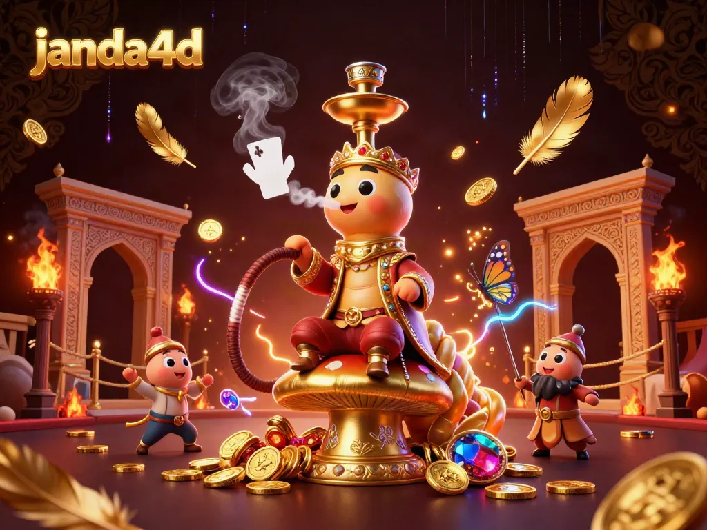 JANDA4D menghadirkan pengalaman bermain yang berbeda dengan ilustrasi karakter kartun raksasa dan simbol poker.