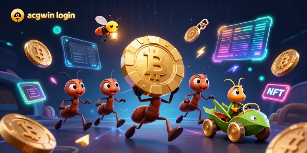 Permainan seru dengan ants dan chip poker emas menampilkan acgwin login dan koin crypto.