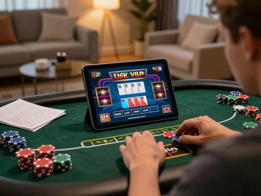 Engaging with the rik vip online poker game on tablet in a cozy home setting.