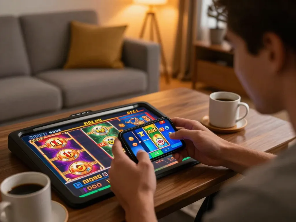 Playing 789f nhà cái mobile app showcasing exciting slot games in a cozy home environment.