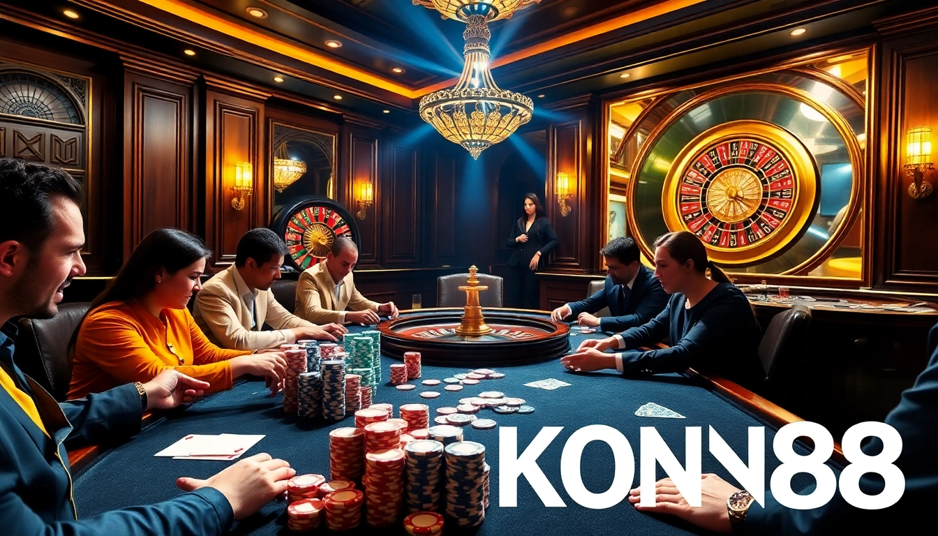 KONG88 poker players strategizing at a vibrant casino table with colorful chips and a roulette wheel.
