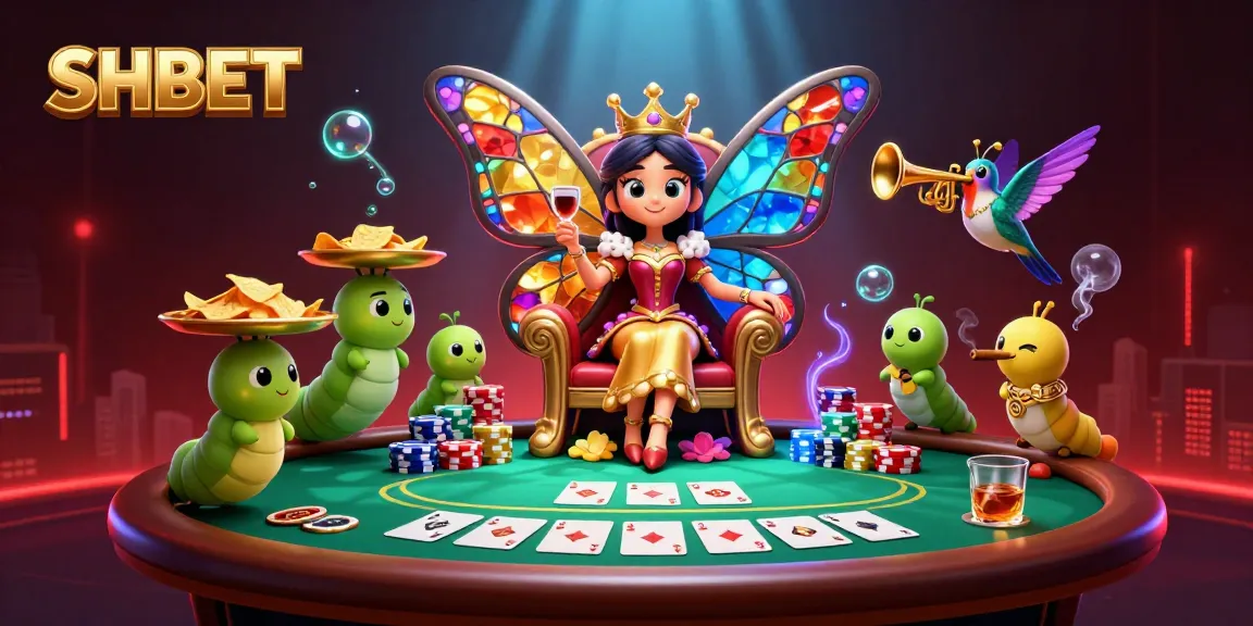 Engage with SHBET's thrilling casino experience featuring a butterfly queen and poker chips.